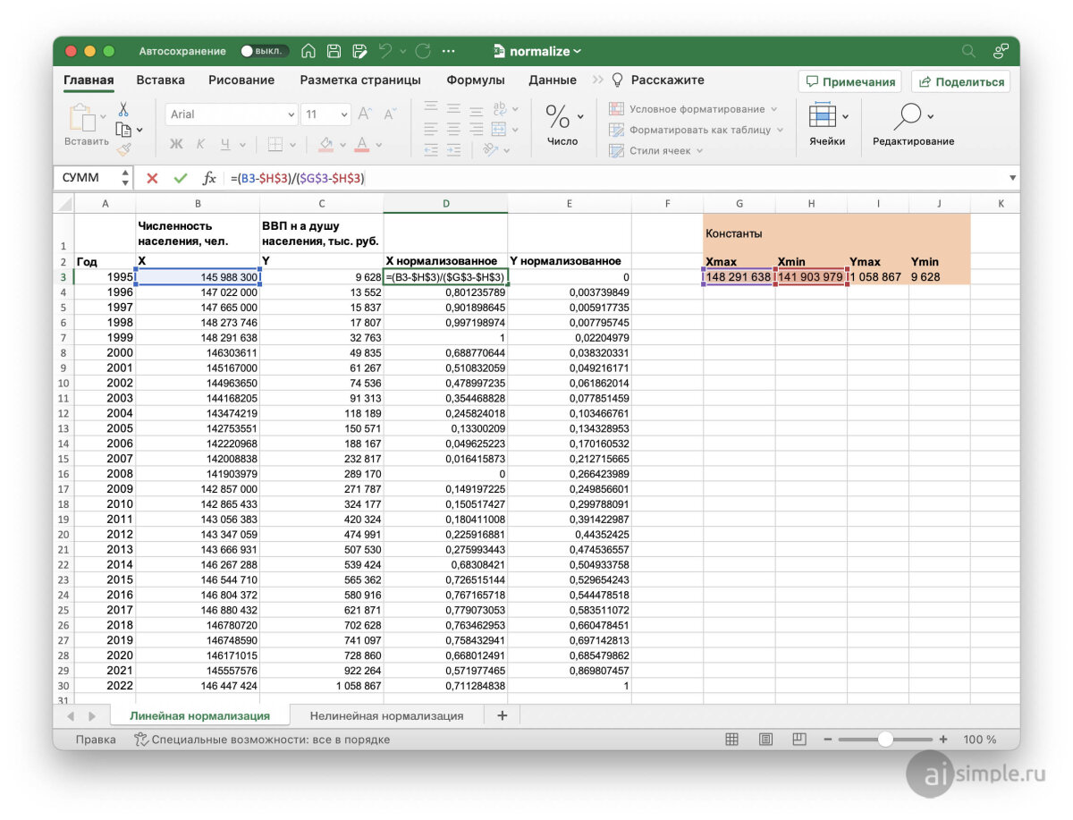 Линейная нормализация переменных в MS Excel (пример)